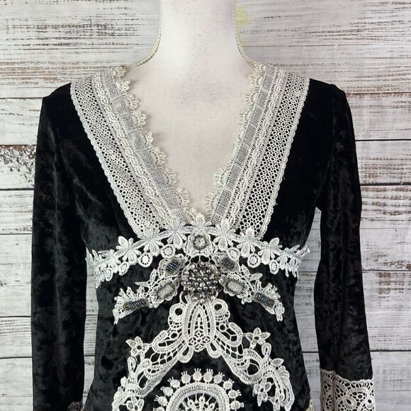 Passion Concept Blouse Tunic sz Small Black Velveteen Lace Beads Gothic Wedding - Picture 3 of 14